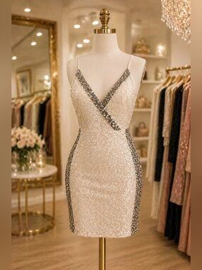 Gianni Bini Sequin Mini Dress Cream Silver Size 4 Party Cocktail